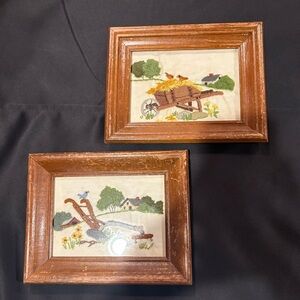 2 Vintage crewel embroidery country scenes 1970’s